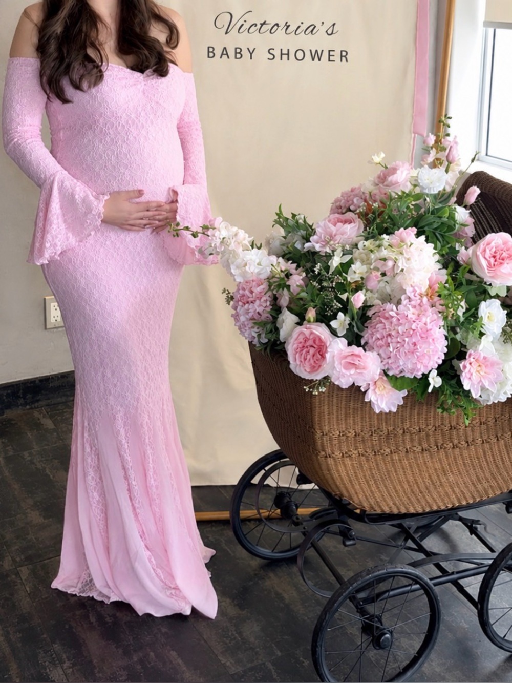 Oh Polly Verena Off-Shoulder Ruffle Lace Maxi Dress in Soft Pink